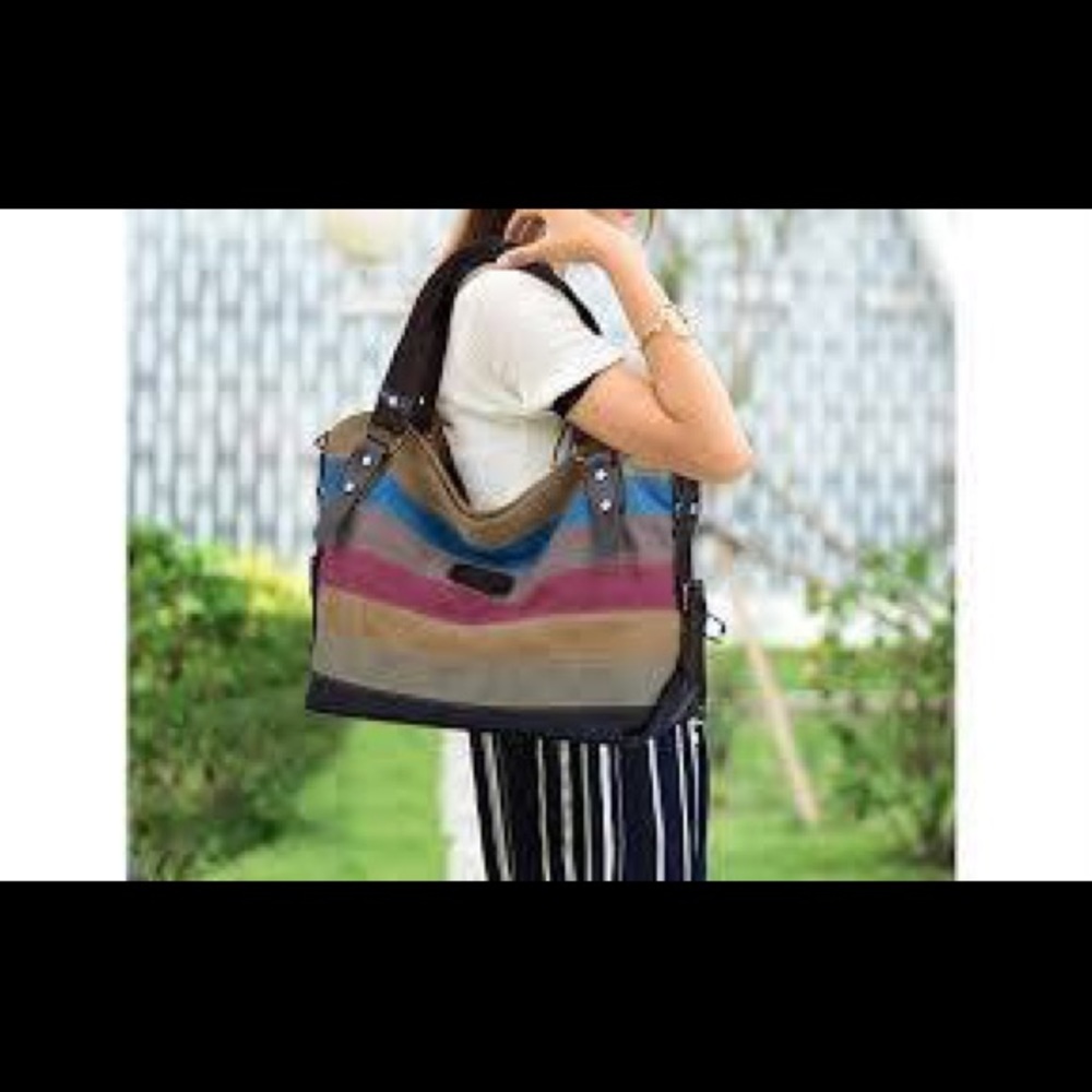 COOFIT - Multi-Color Striped Canvas Tote Hobo Bag